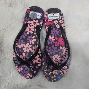 Kate Spade Foxy Floral Flip Flop Sandals Women's Size 7 Purple Black Bow NEW
